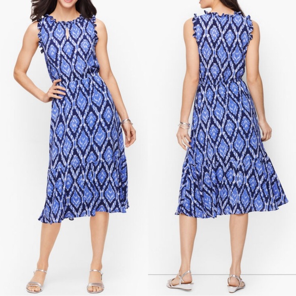 Talbots Blue Ikat Ruffle Trim Fit & Flare Midi Dress NWT 20W High Neck Formal - Picture 1 of 15